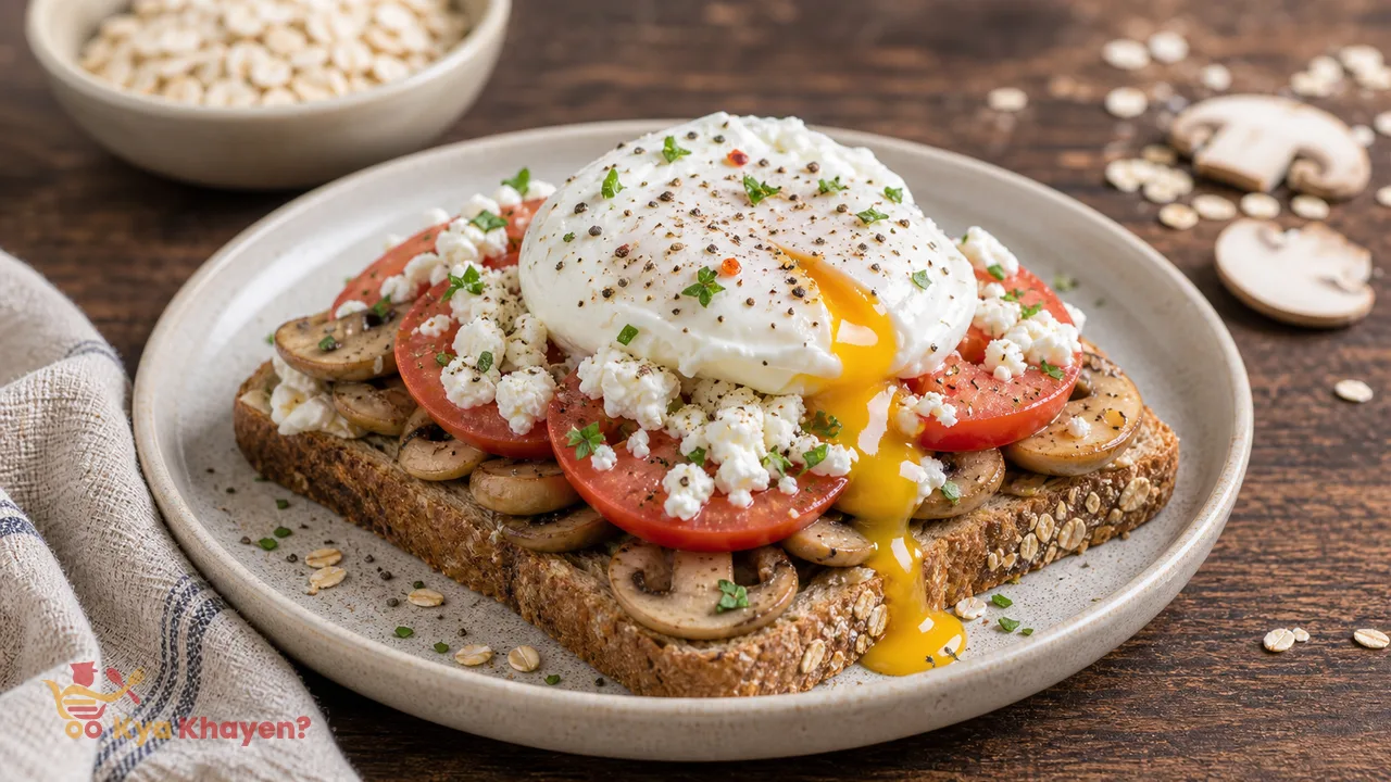 Poached Egg On Tomatoes and Mushroom Toast