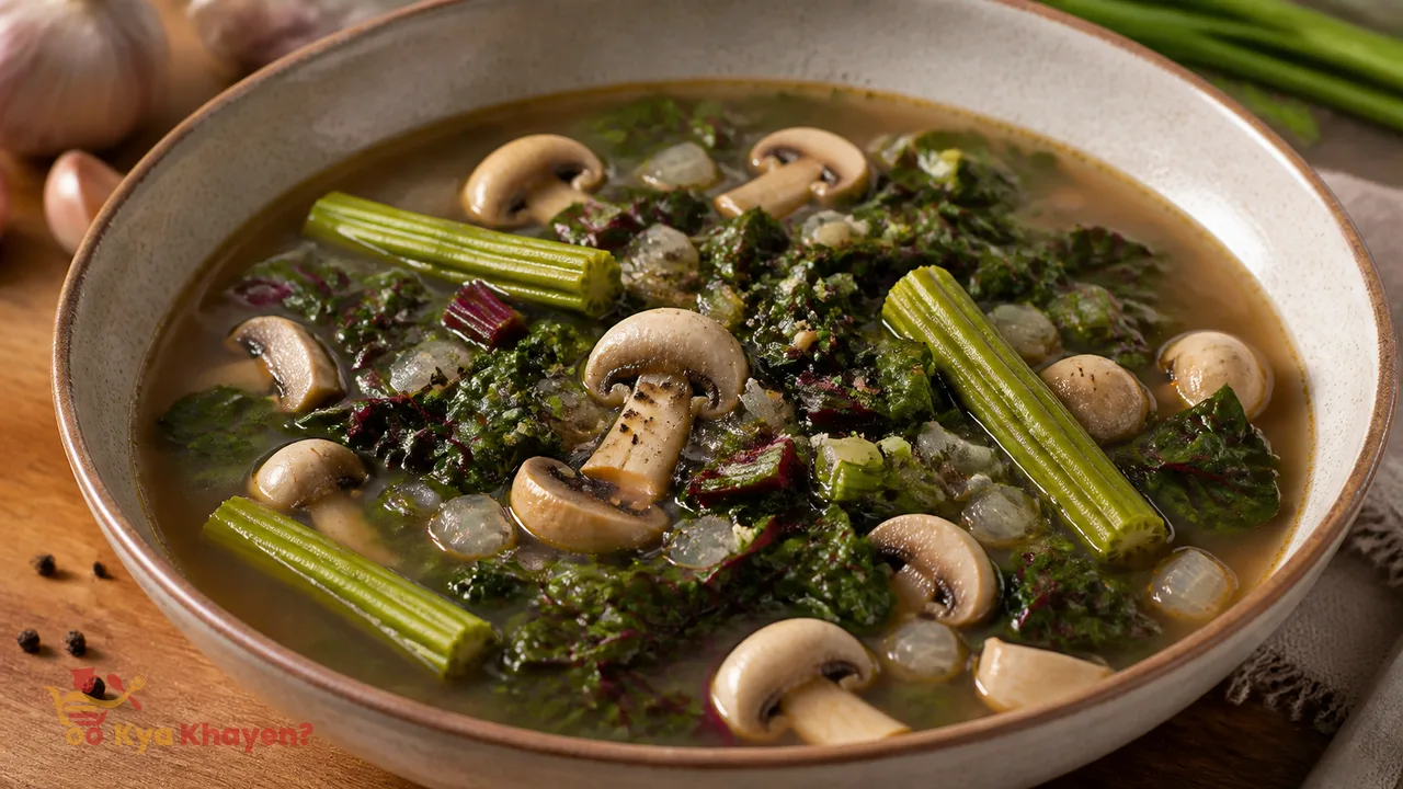 Mushrooms and Greens with Chicken Stock